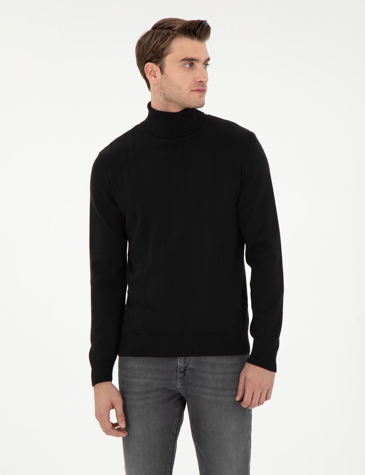 Siyah Slim Fit Balıkçı Yaka Yün Karışımlı Triko Kazak