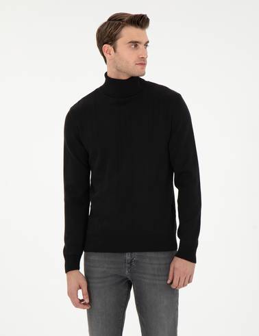 Siyah Slim Fit Balıkçı Yaka Yün Karışımlı Triko Kazak