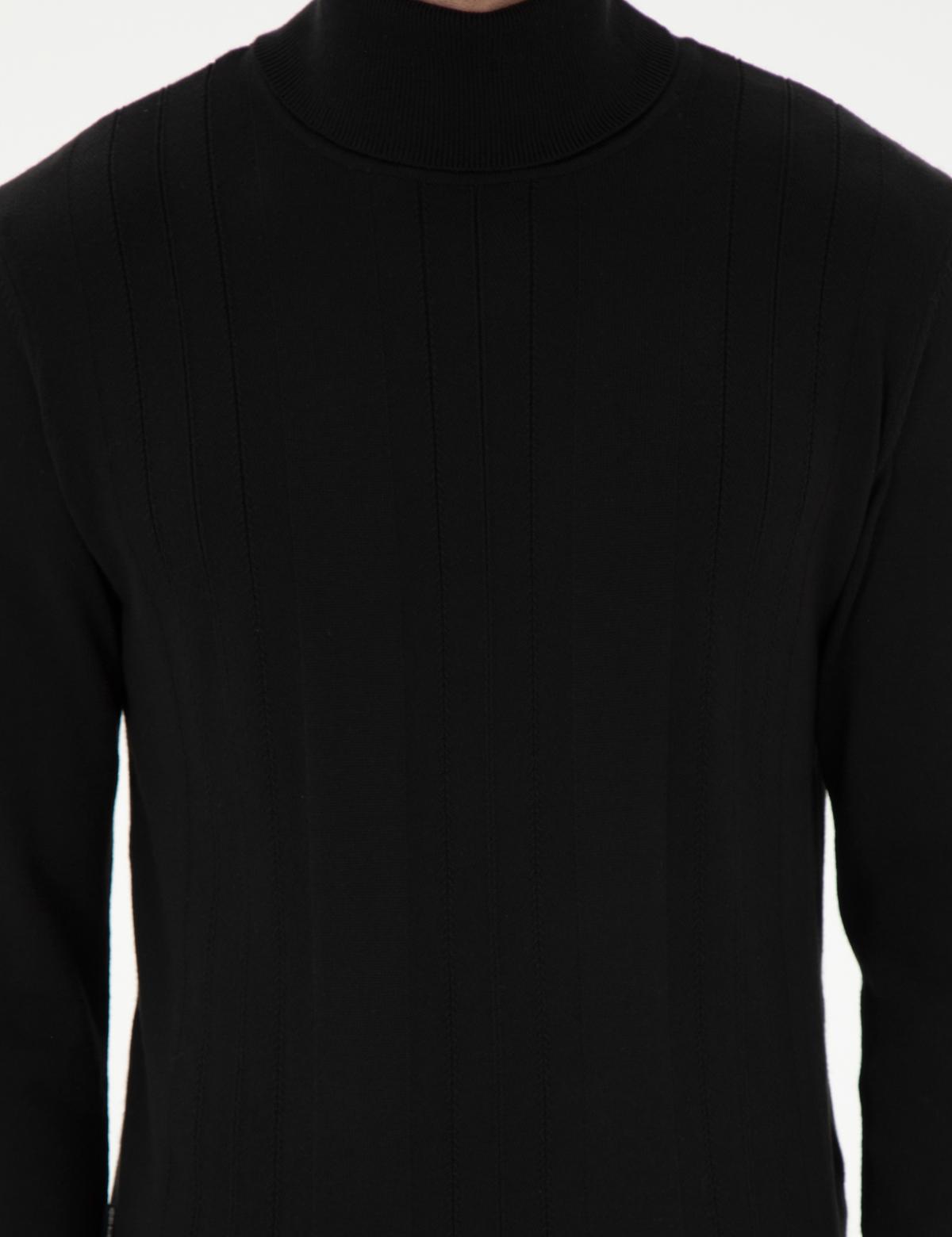 Siyah Slim Fit Balıkçı Yaka Yün Karışımlı Triko Kazak - 50296445017