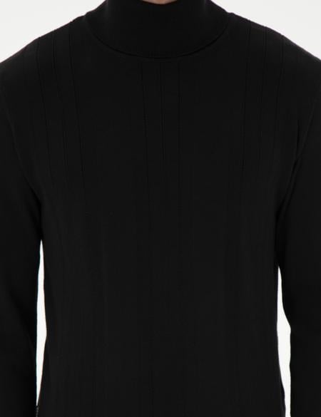 Siyah Slim Fit Balıkçı Yaka Yün Karışımlı Triko Kazak - 50296445017