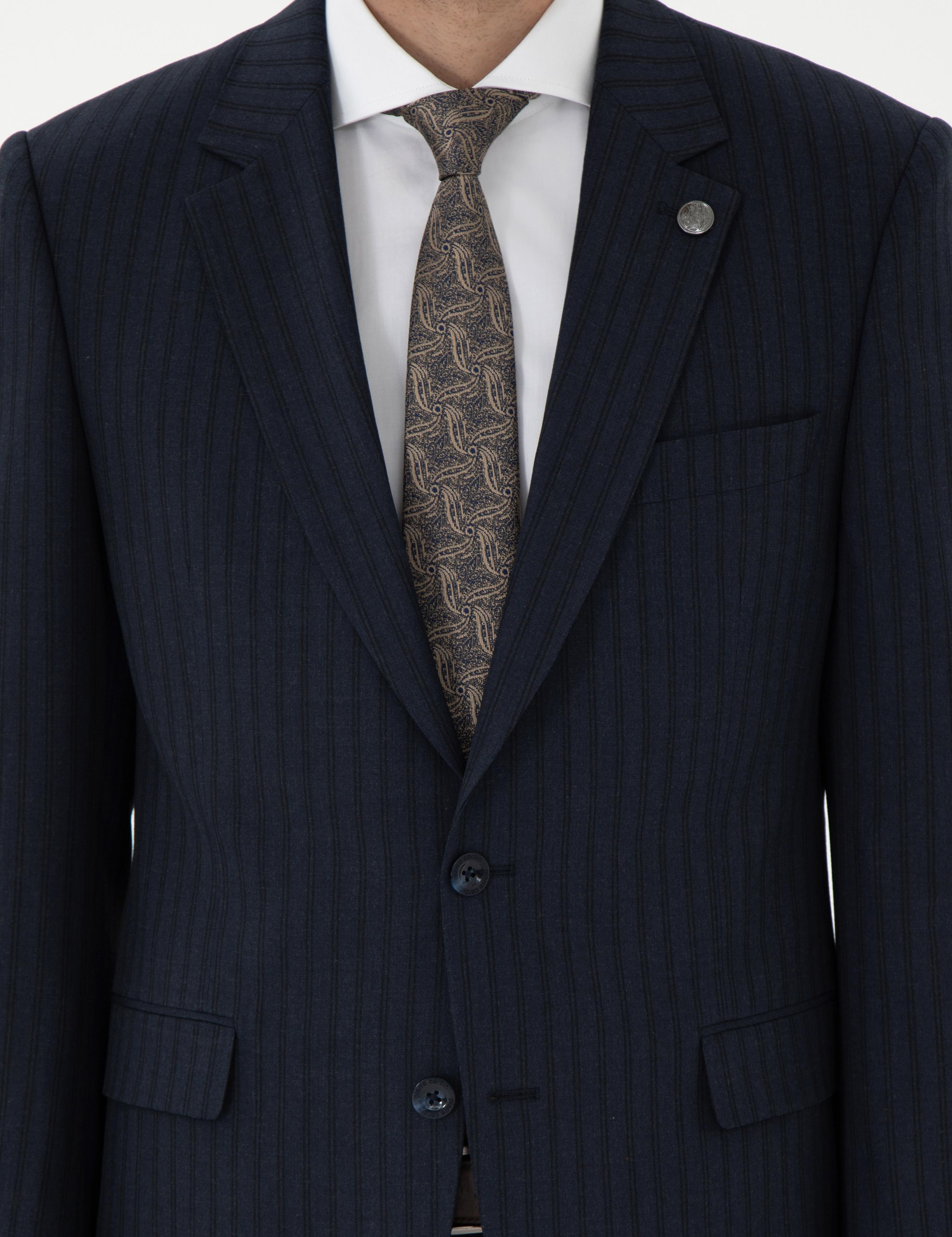 Lacivert Slim Fit Çizgili Takım Elbise