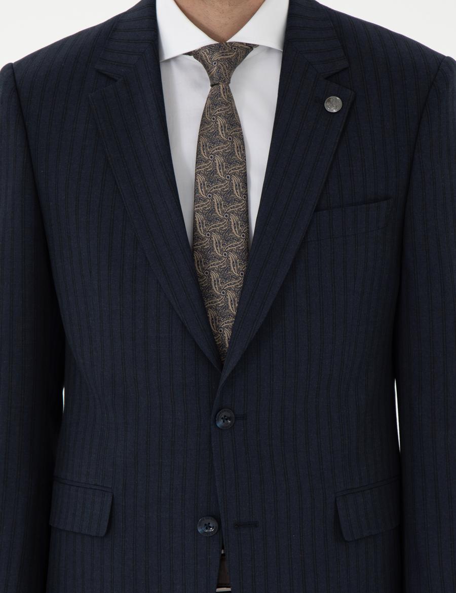 Lacivert Slim Fit Çizgili Takım Elbise