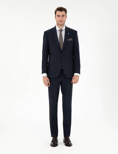 Lacivert Slim Fit Çizgili Takım Elbise