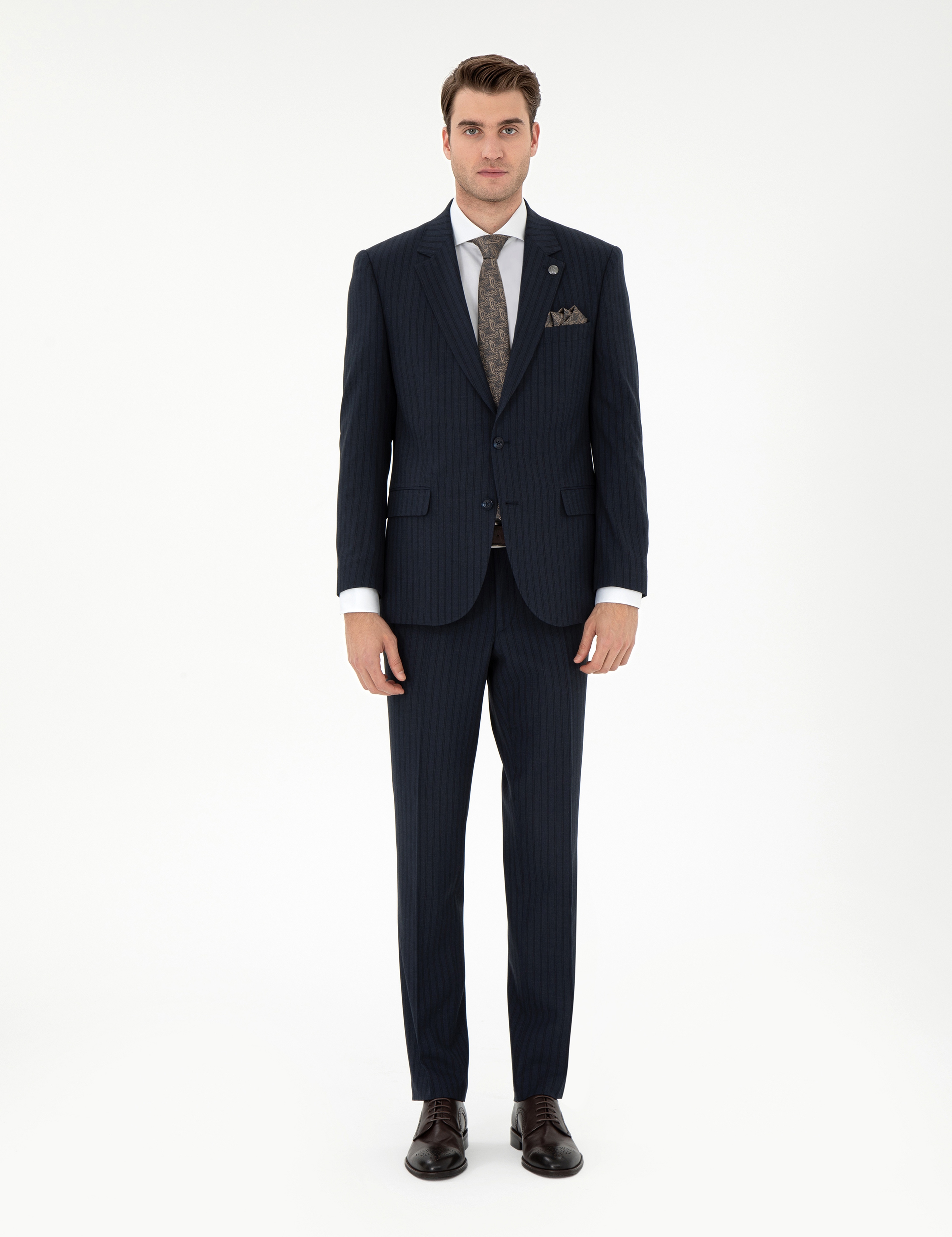 Lacivert Slim Fit Çizgili Takım Elbise - Image 1