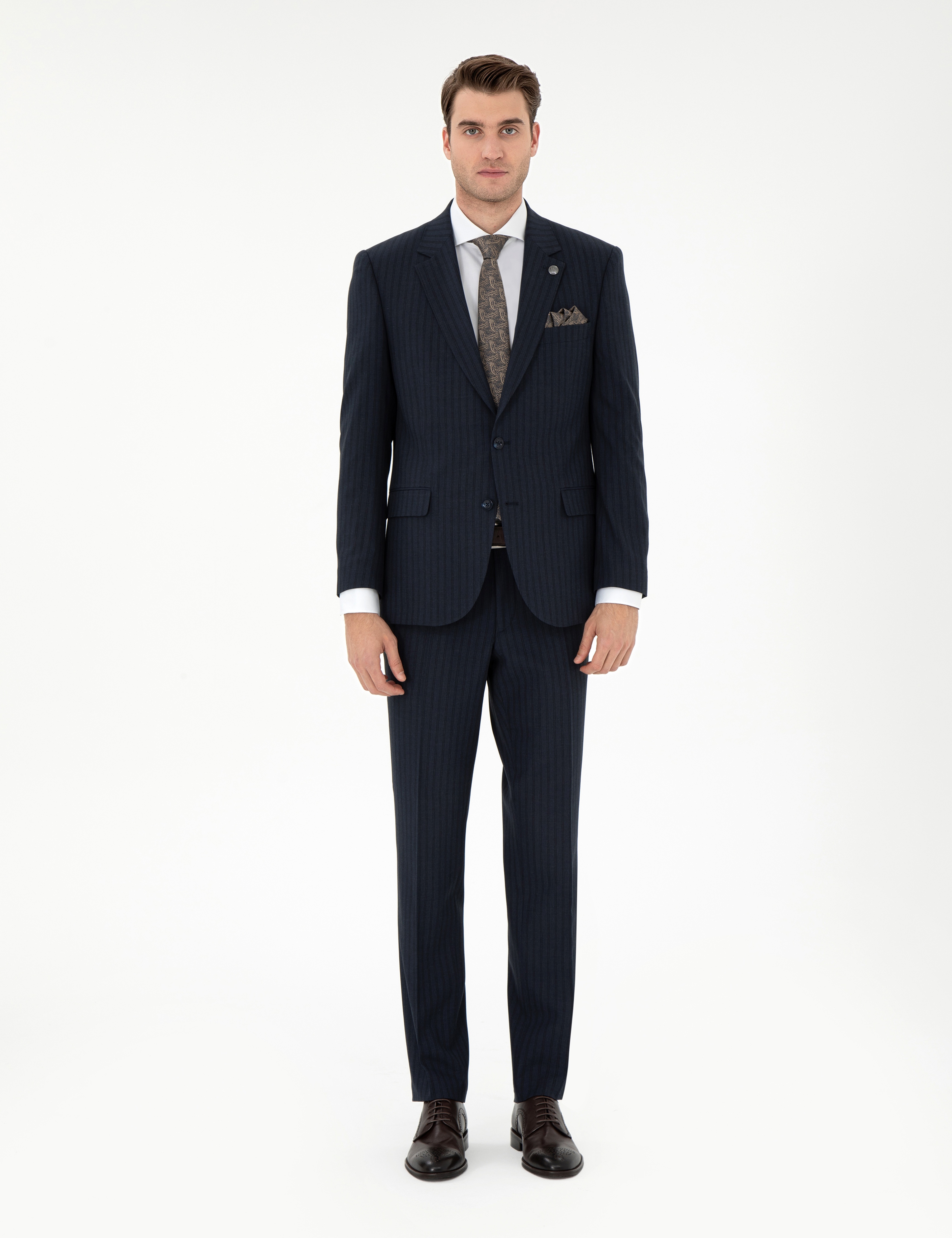 Lacivert Slim Fit Çizgili Takım Elbise