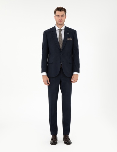 Lacivert Slim Fit Çizgili Takım Elbise