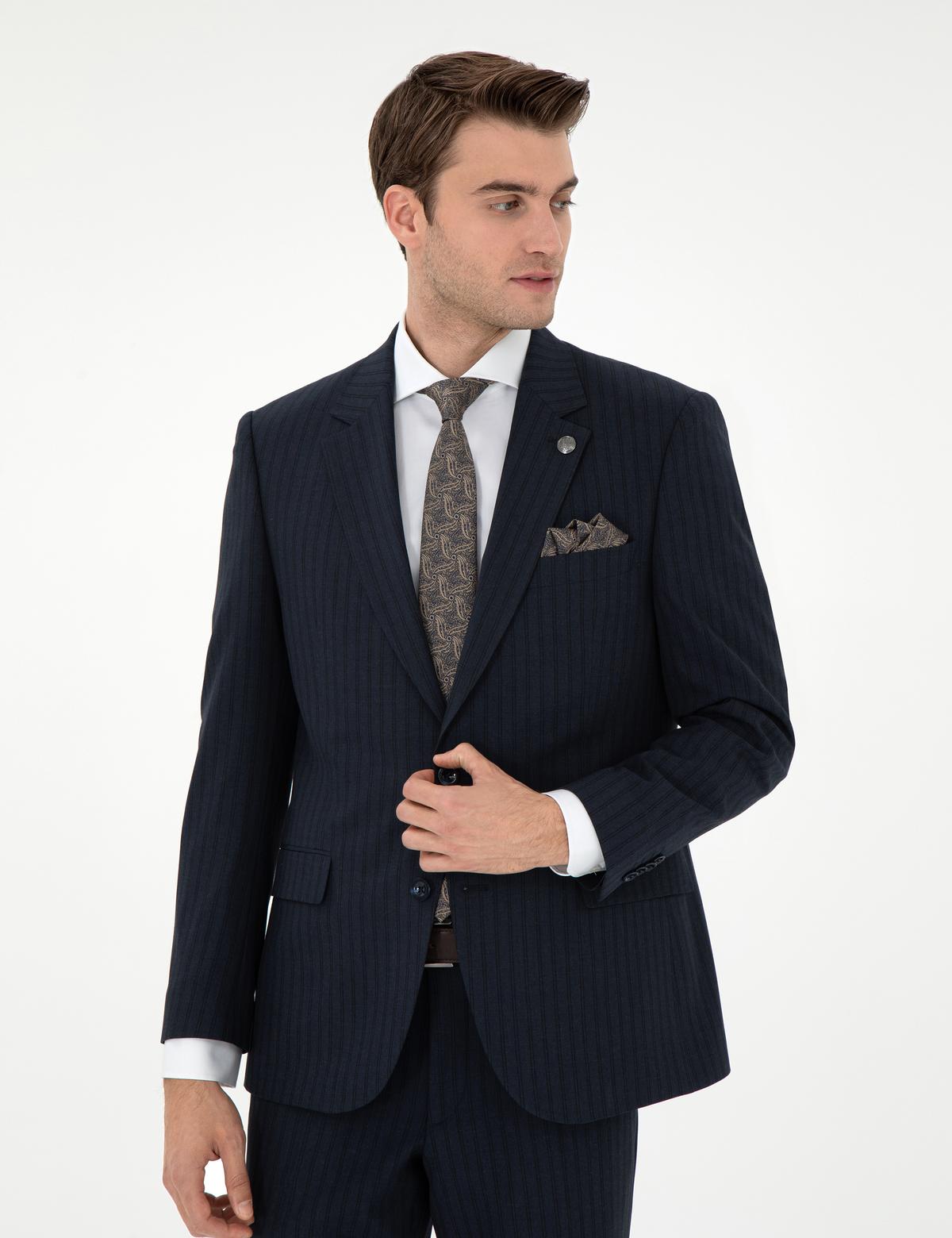 Lacivert Slim Fit Çizgili Takım Elbise - 50295211035