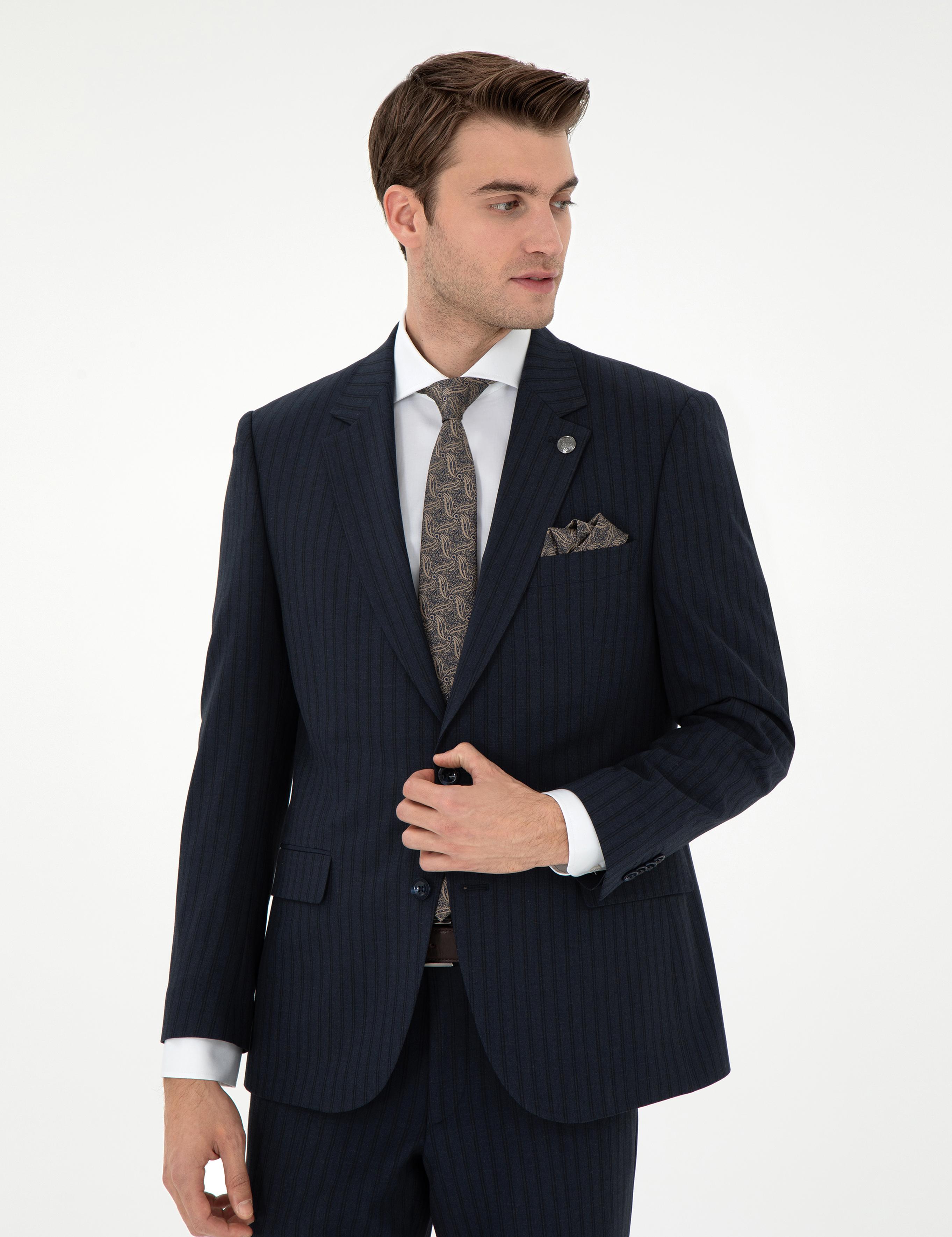 Lacivert Slim Fit Çizgili Takım Elbise