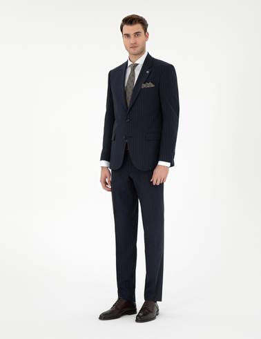 Lacivert Slim Fit Çizgili Takım Elbise