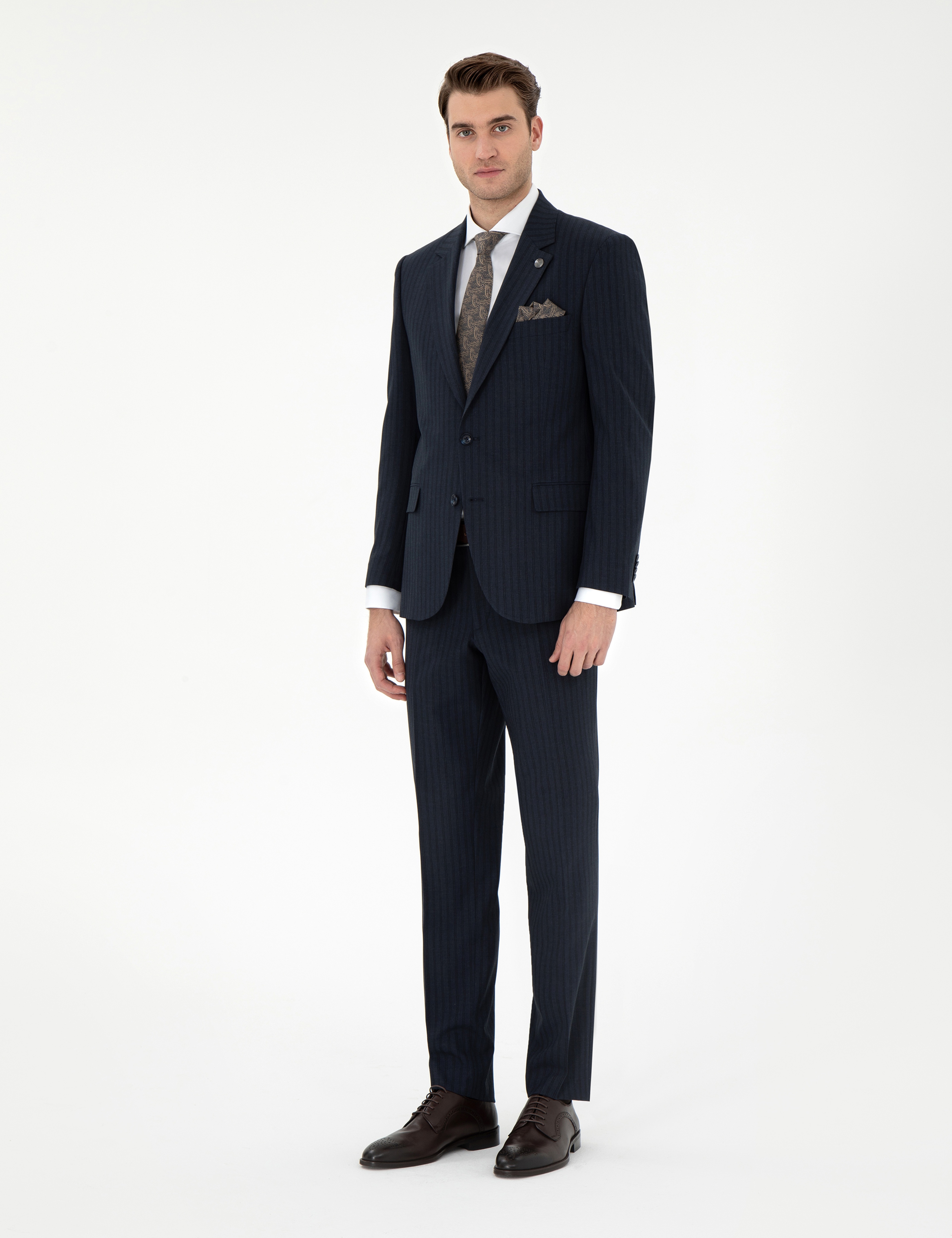 Lacivert Slim Fit Çizgili Takım Elbise