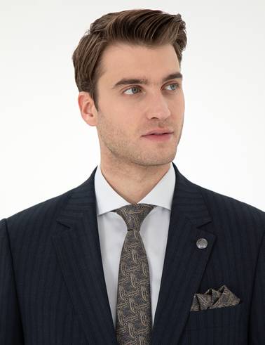 Lacivert Slim Fit Çizgili Takım Elbise