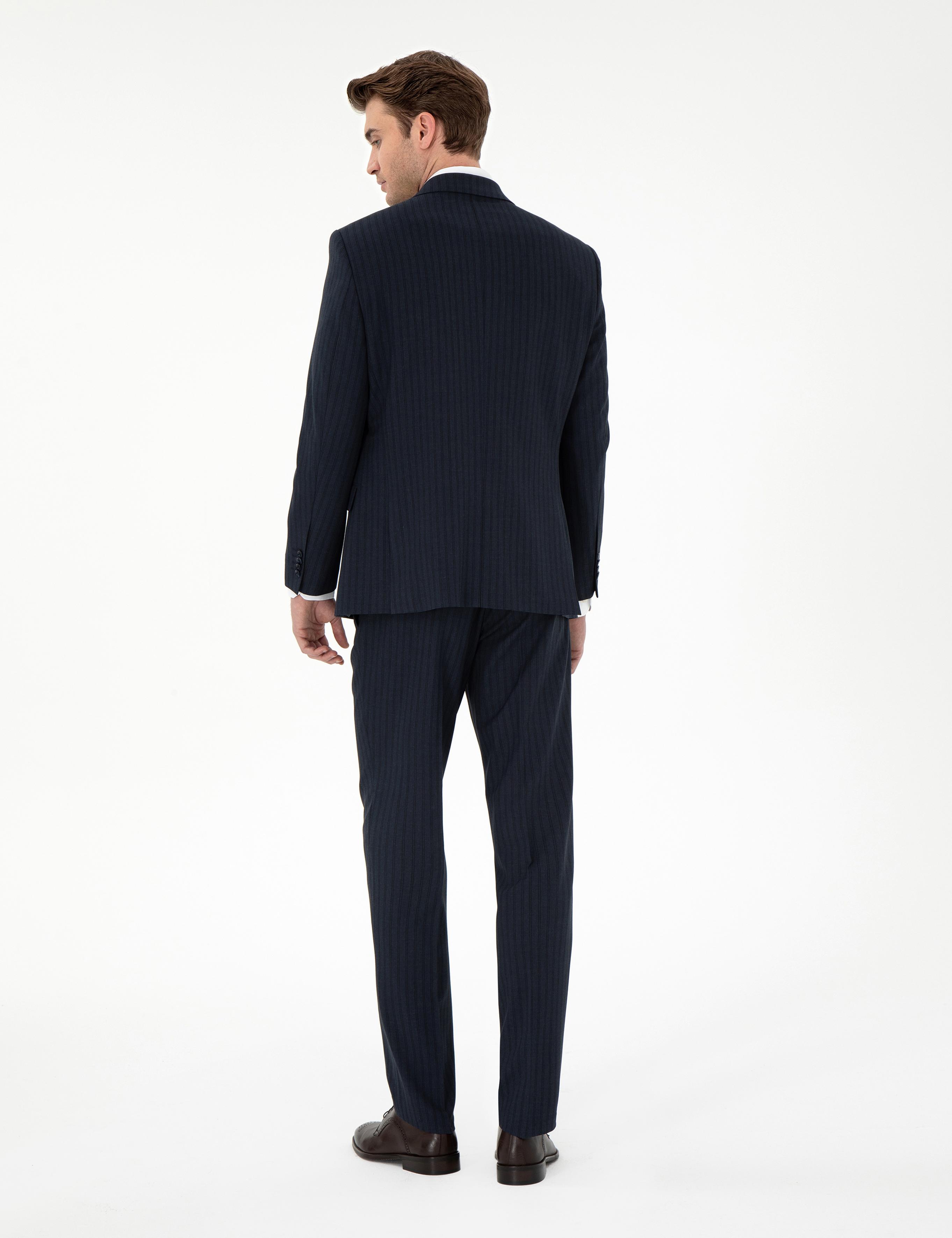 Lacivert Slim Fit Çizgili Takım Elbise