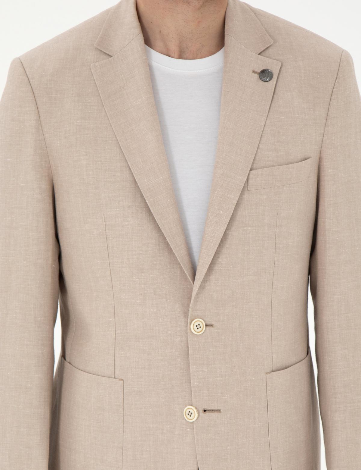 Açık Kahverengi Slim Fit Keten Karışımlı  Ceket - 50306748110