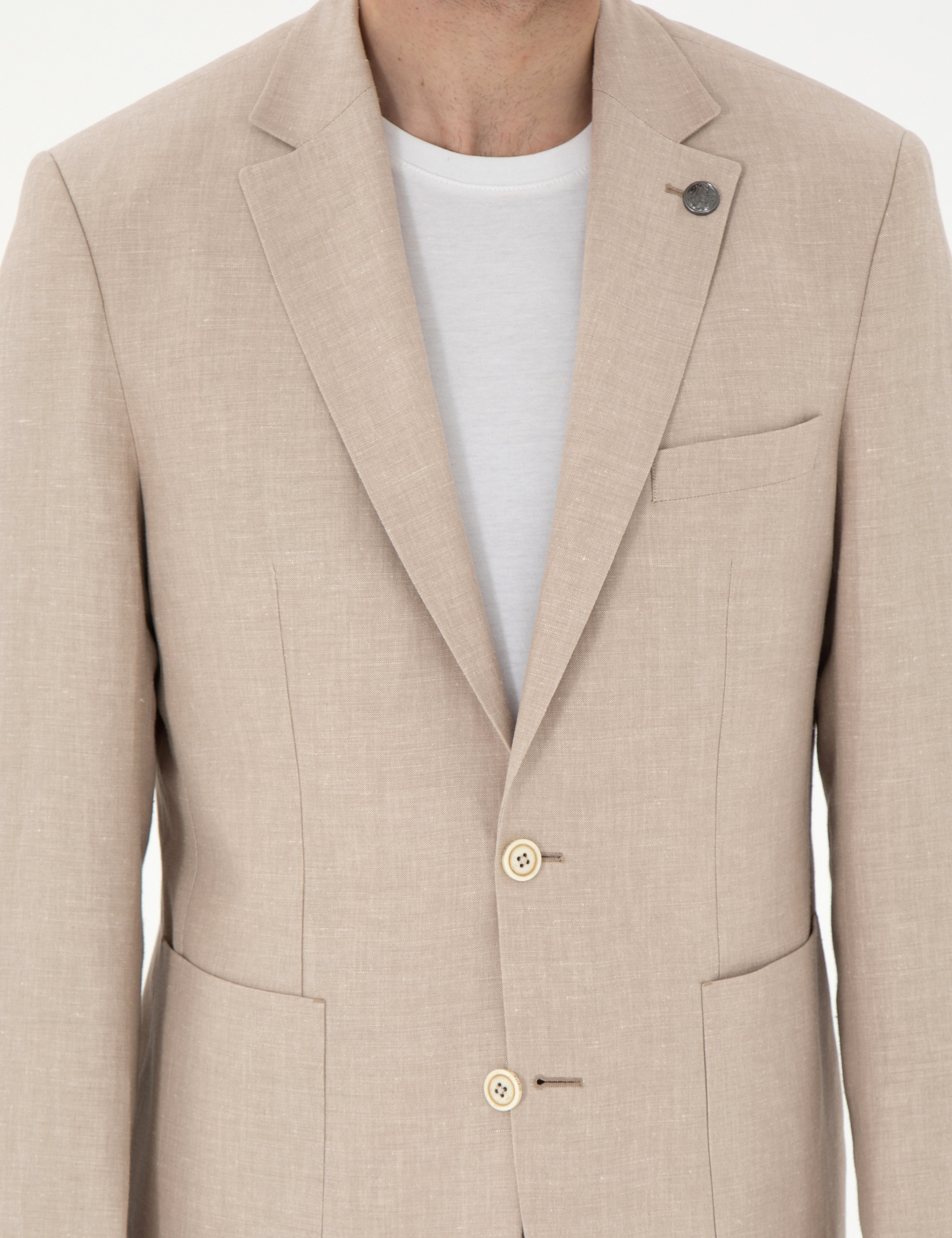 Açık Kahverengi Slim Fit Keten Karışımlı Ceket - Image 7