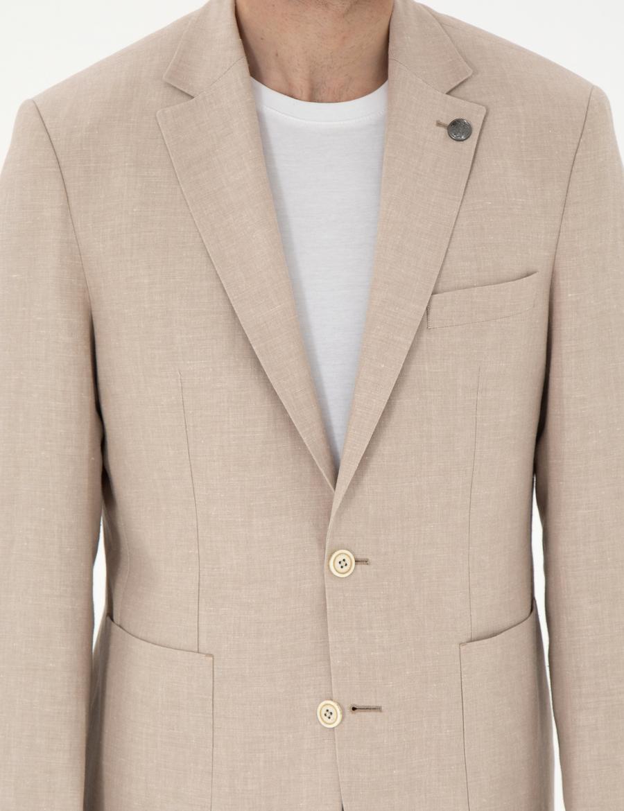 Açık Kahverengi Slim Fit Keten Karışımlı  Ceket