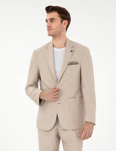 Açık Kahverengi Slim Fit Keten Karışımlı  Ceket