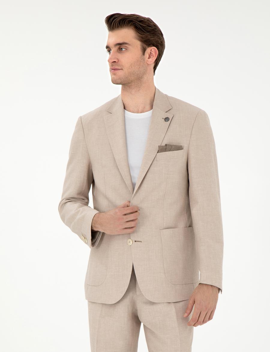 Açık Kahverengi Slim Fit Keten Karışımlı  Ceket