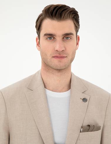 Açık Kahverengi Slim Fit Keten Karışımlı  Ceket