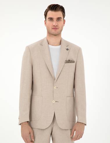 Açık Kahverengi Slim Fit Keten Karışımlı  Ceket