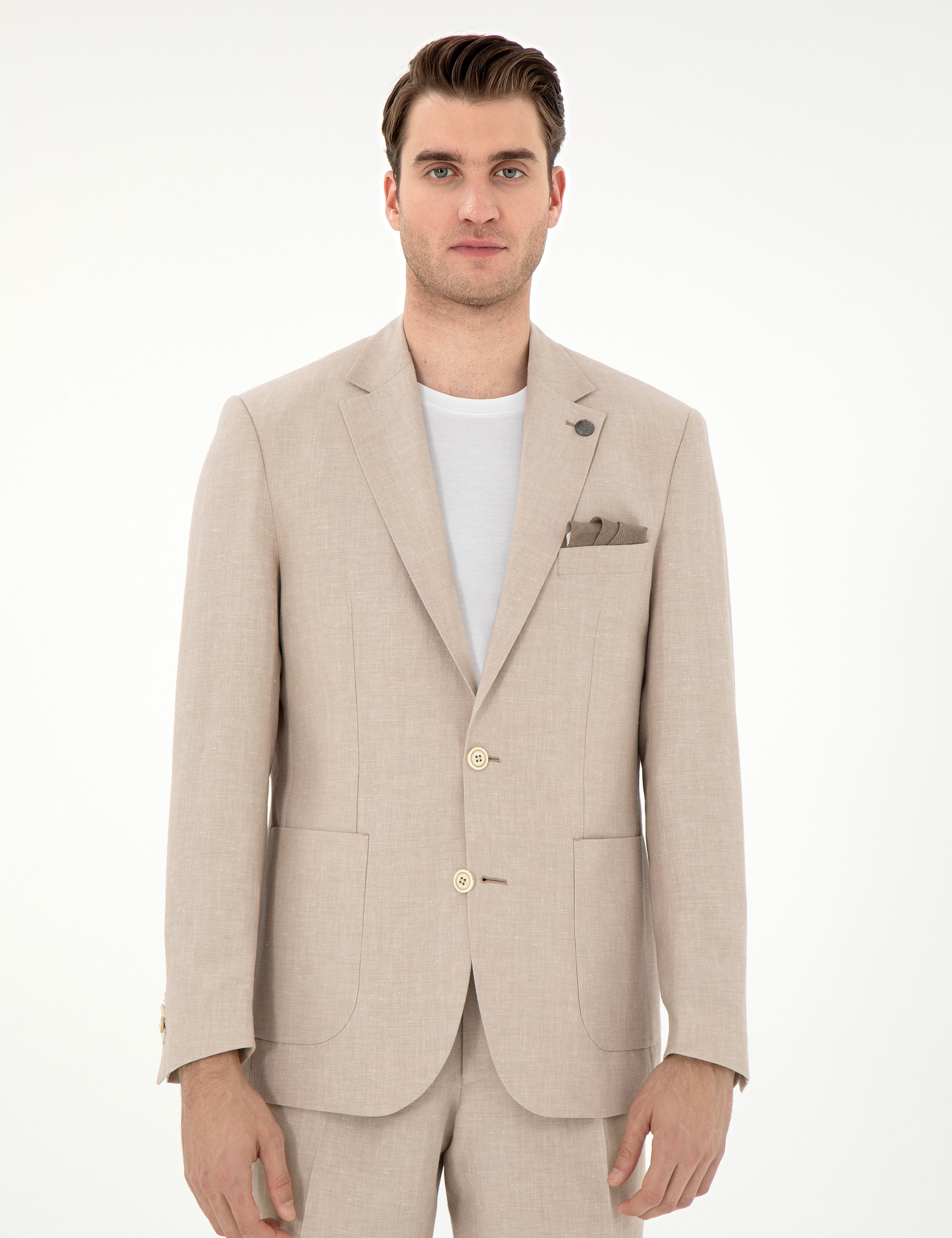 Açık Kahverengi Slim Fit Keten Karışımlı  Ceket