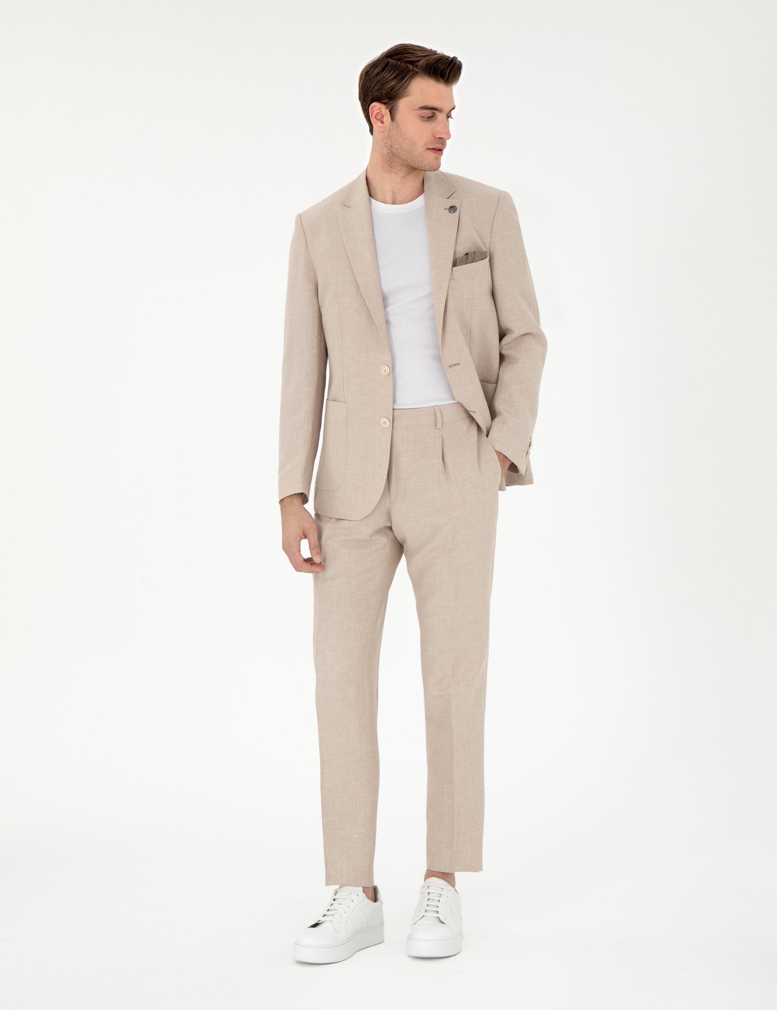 Açık Kahverengi Slim Fit Keten Karışımlı  Ceket