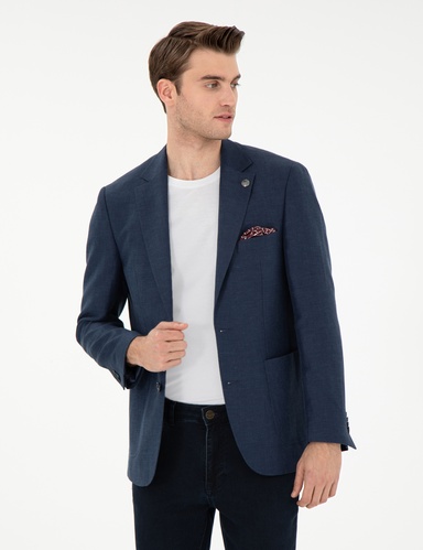 Lacivert Slim Fit Keten Karışımlı  Ceket