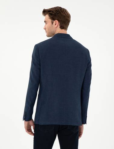 Lacivert Slim Fit Keten Karışımlı Ceket