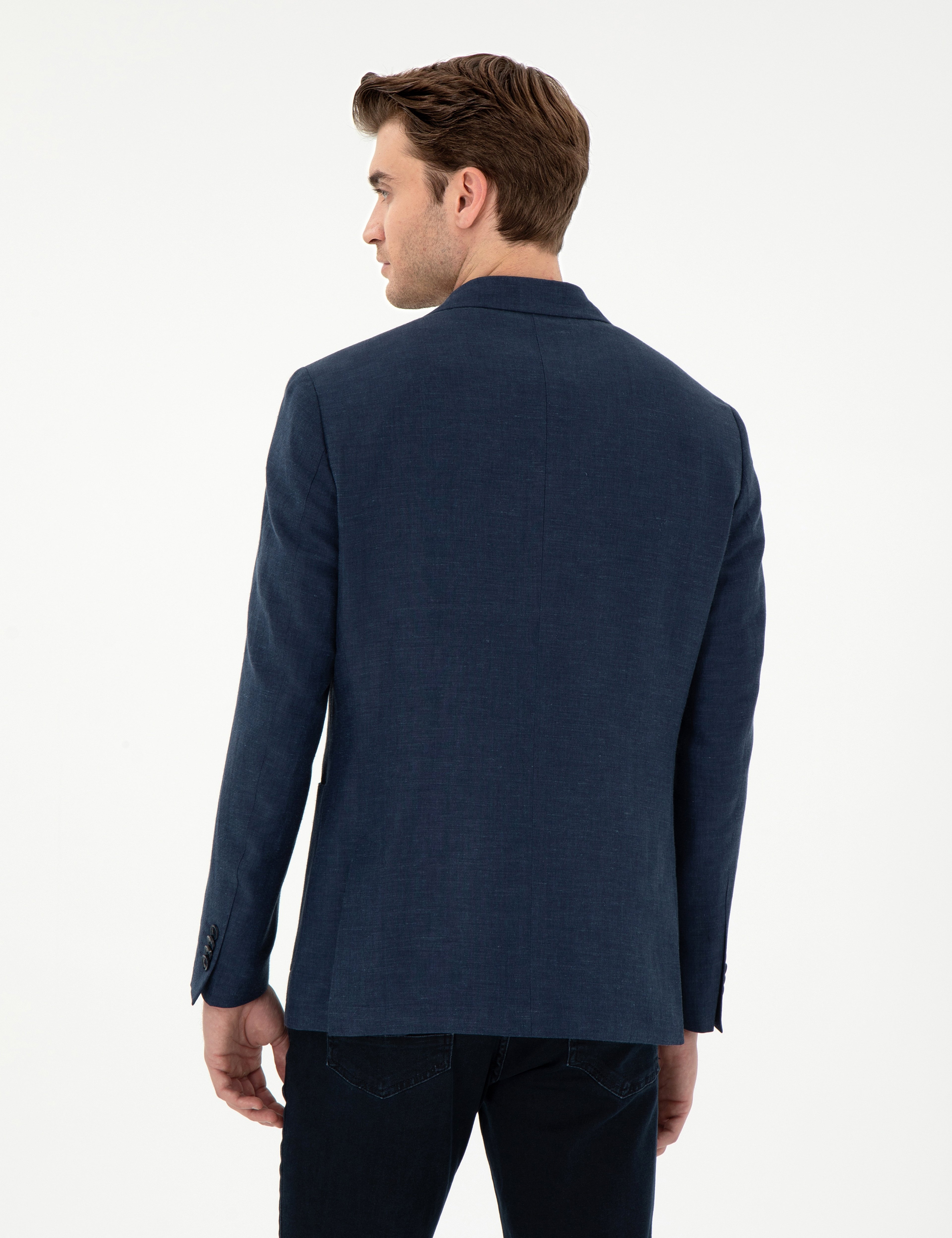 Lacivert Slim Fit Keten Karışımlı  Ceket