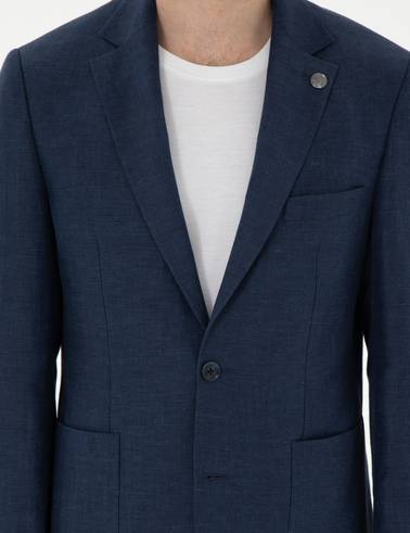 Lacivert Slim Fit Keten Karışımlı Ceket