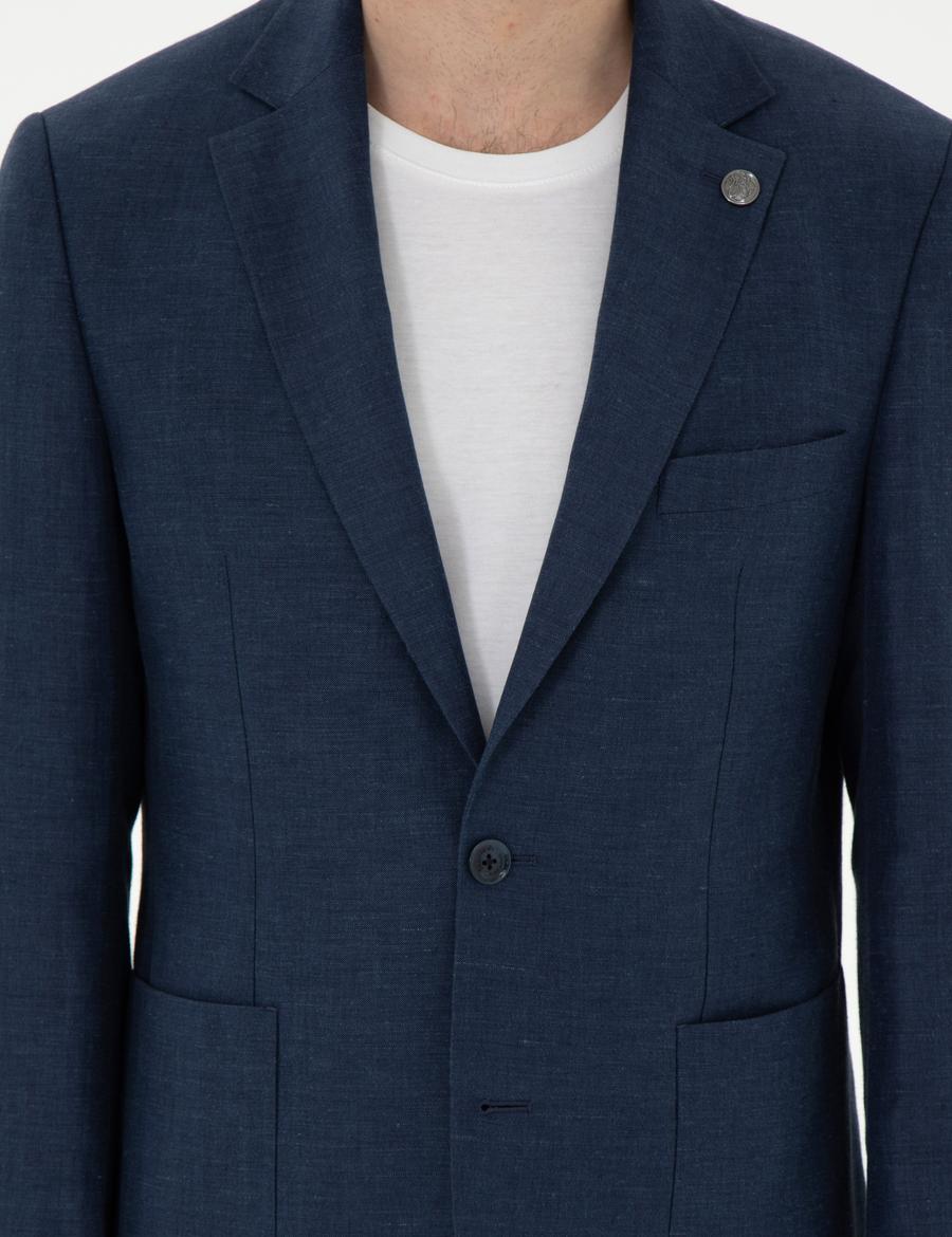 Lacivert Slim Fit Keten Karışımlı  Ceket
