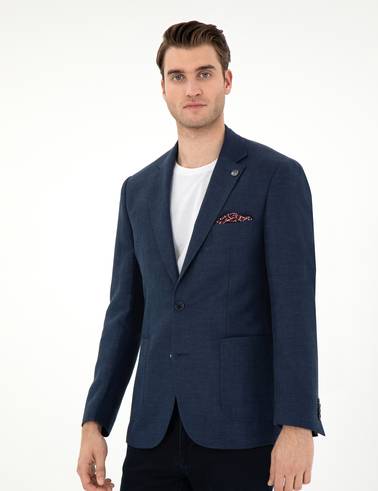 Lacivert Slim Fit Keten Karışımlı Ceket