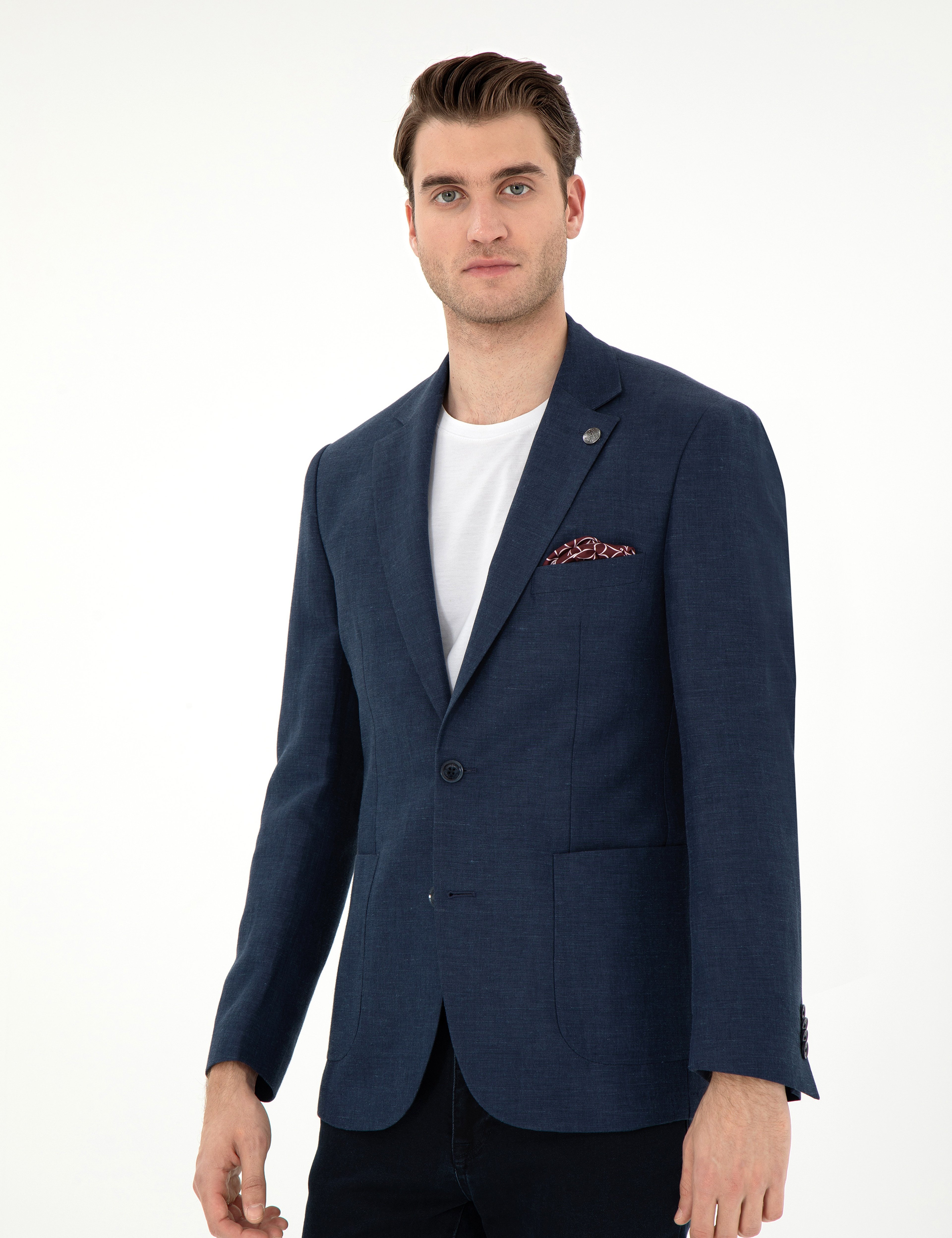 Lacivert Slim Fit Keten Karışımlı  Ceket