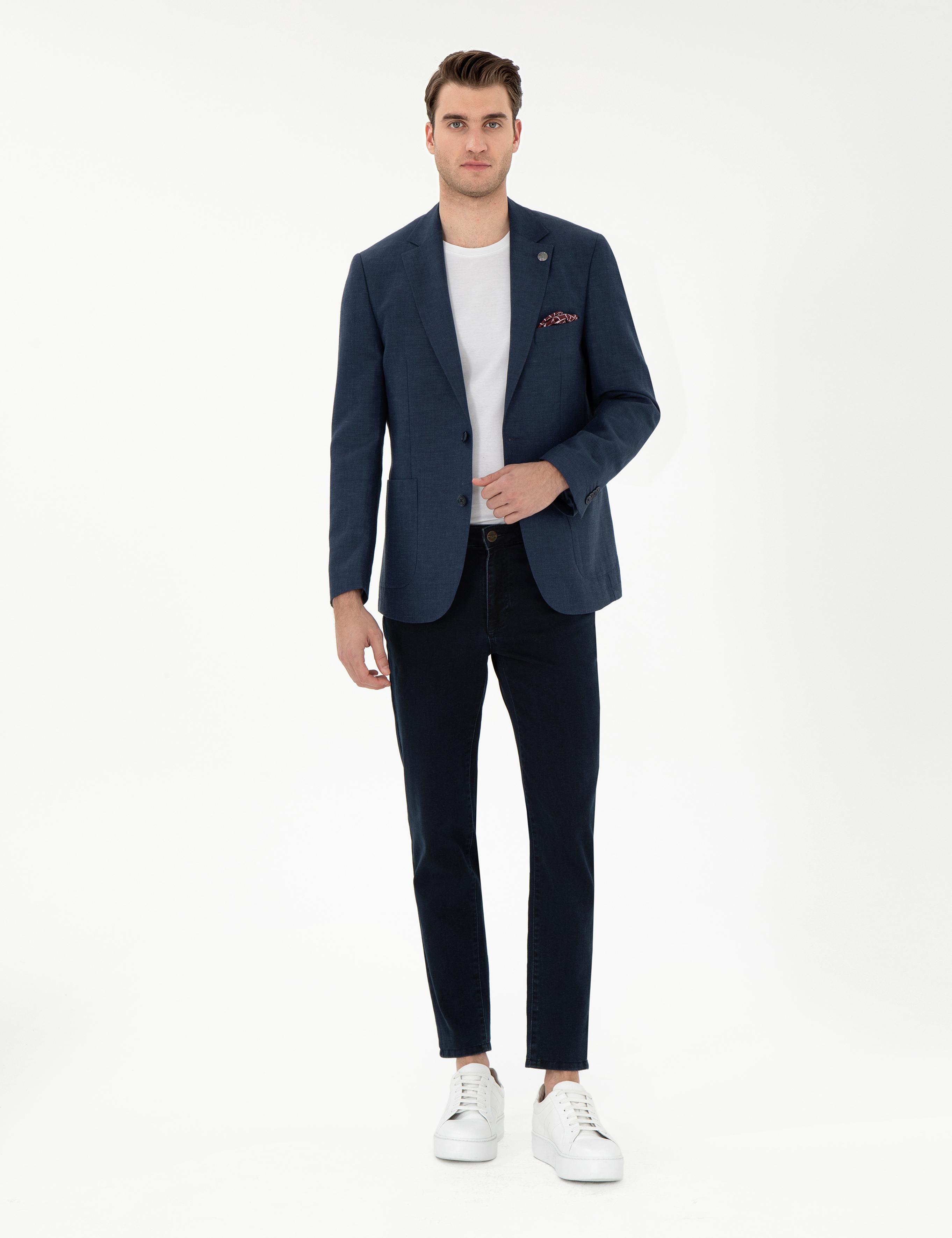 Lacivert Slim Fit Keten Karışımlı  Ceket