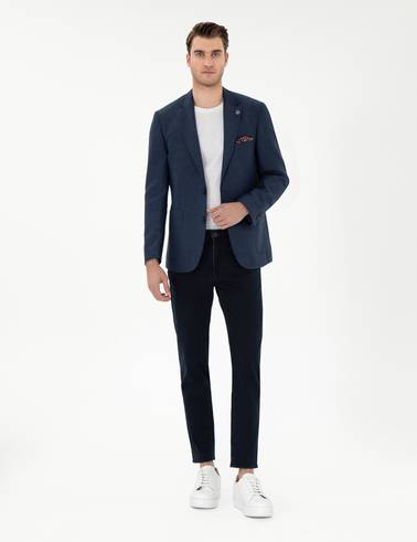 Lacivert Slim Fit Keten Karışımlı Ceket