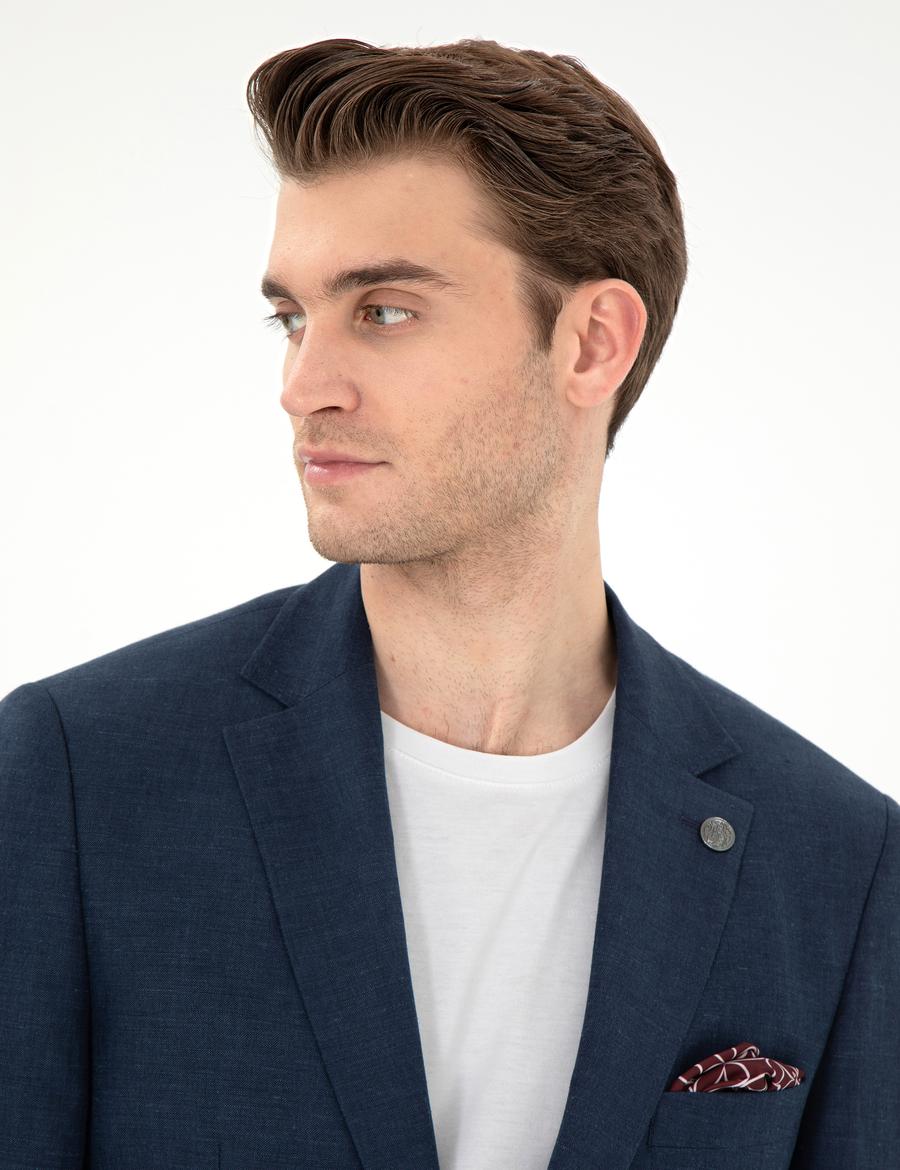 Lacivert Slim Fit Keten Karışımlı  Ceket