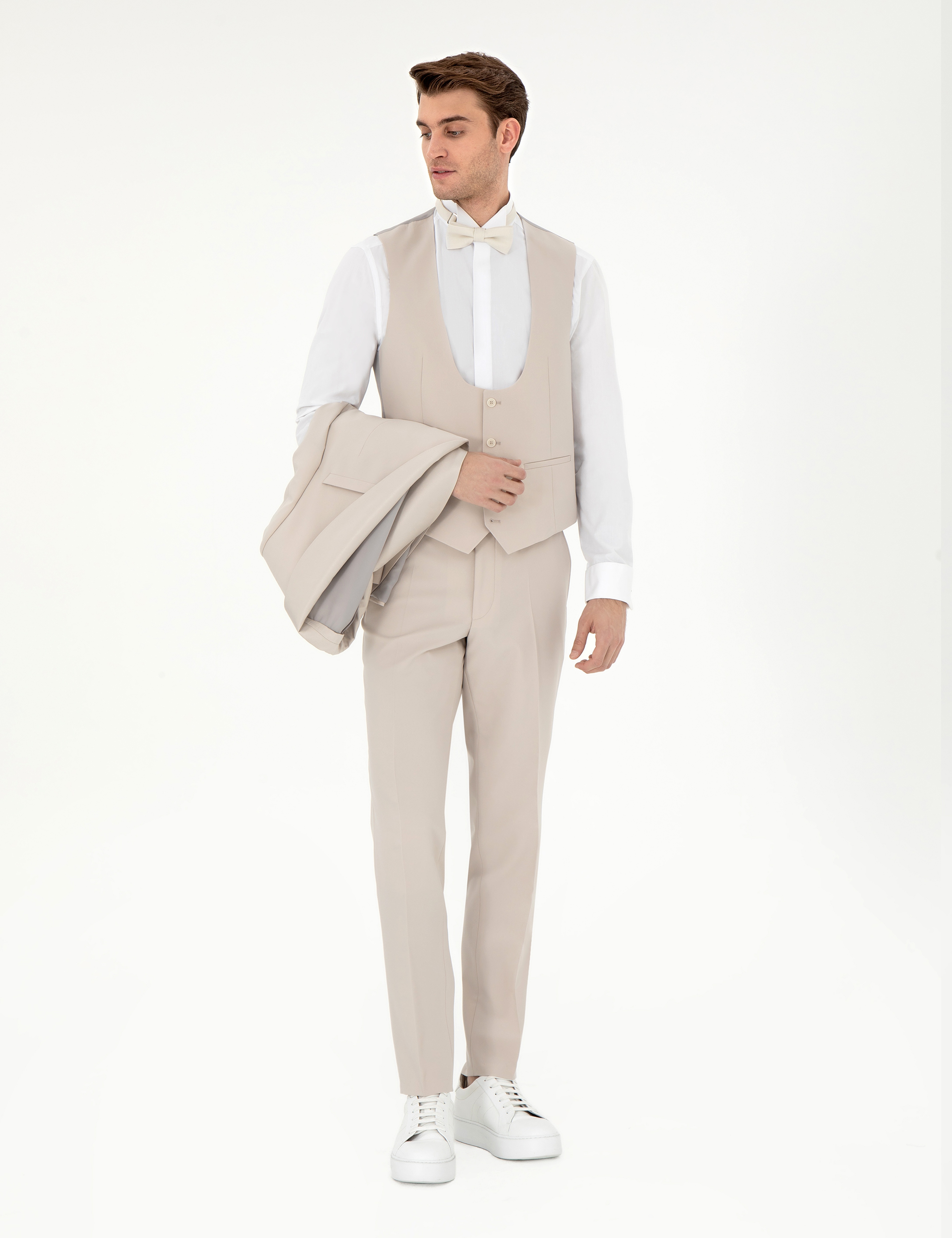 Bej Ex. Slim Fit Yelekli Smokin - Image 2