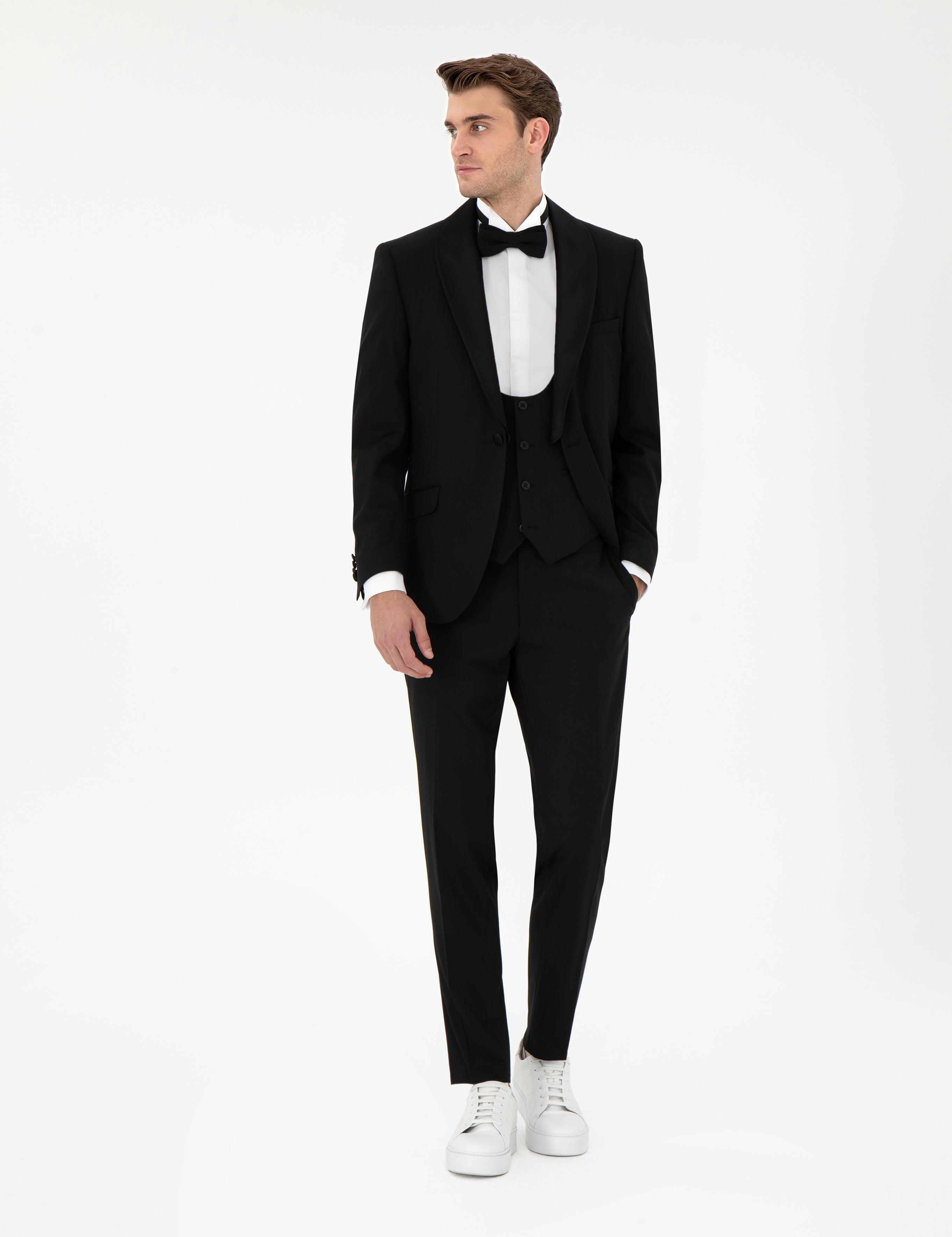 Siyah Ex. Slim Fit Yelekli Smokin