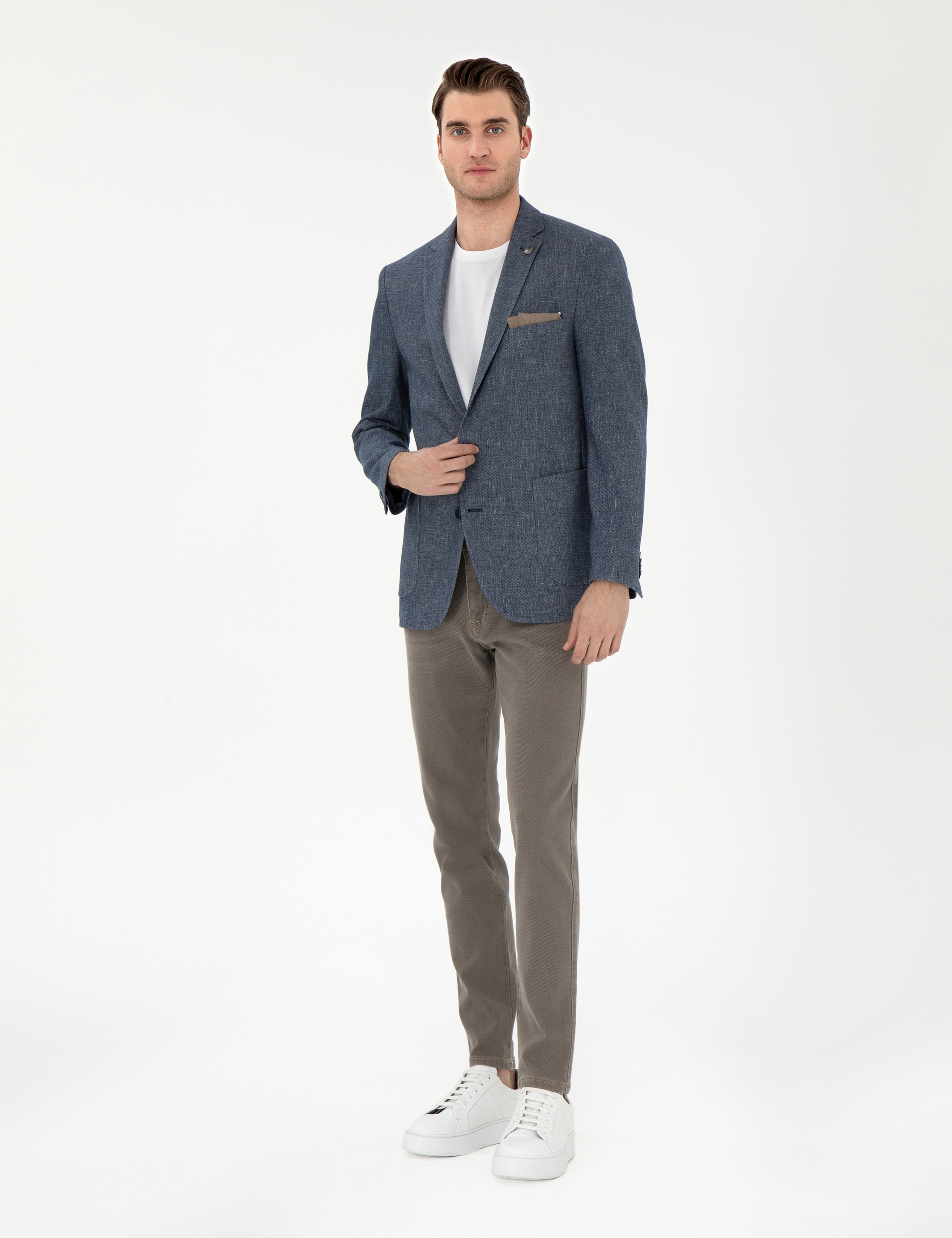 Lacivert Extra Slim Fit Keten Karışımlı Ceket - Image 4