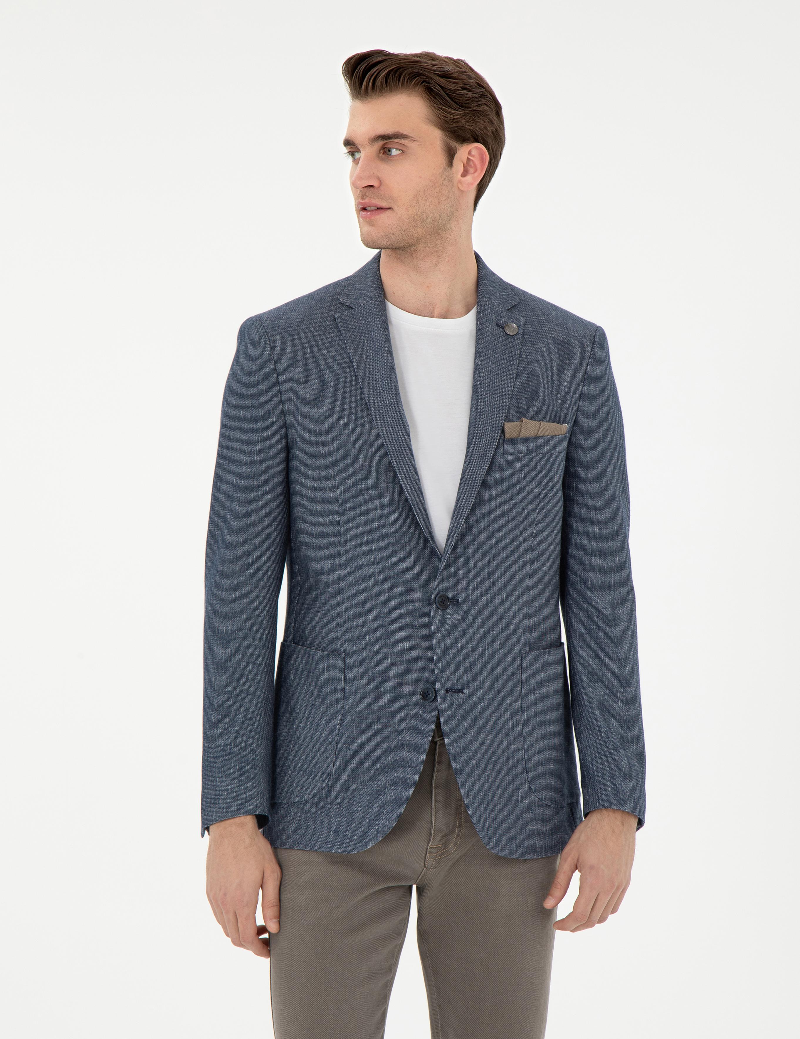 Lacivert Ex. Slim Fit Keten Karışımlı Ceket