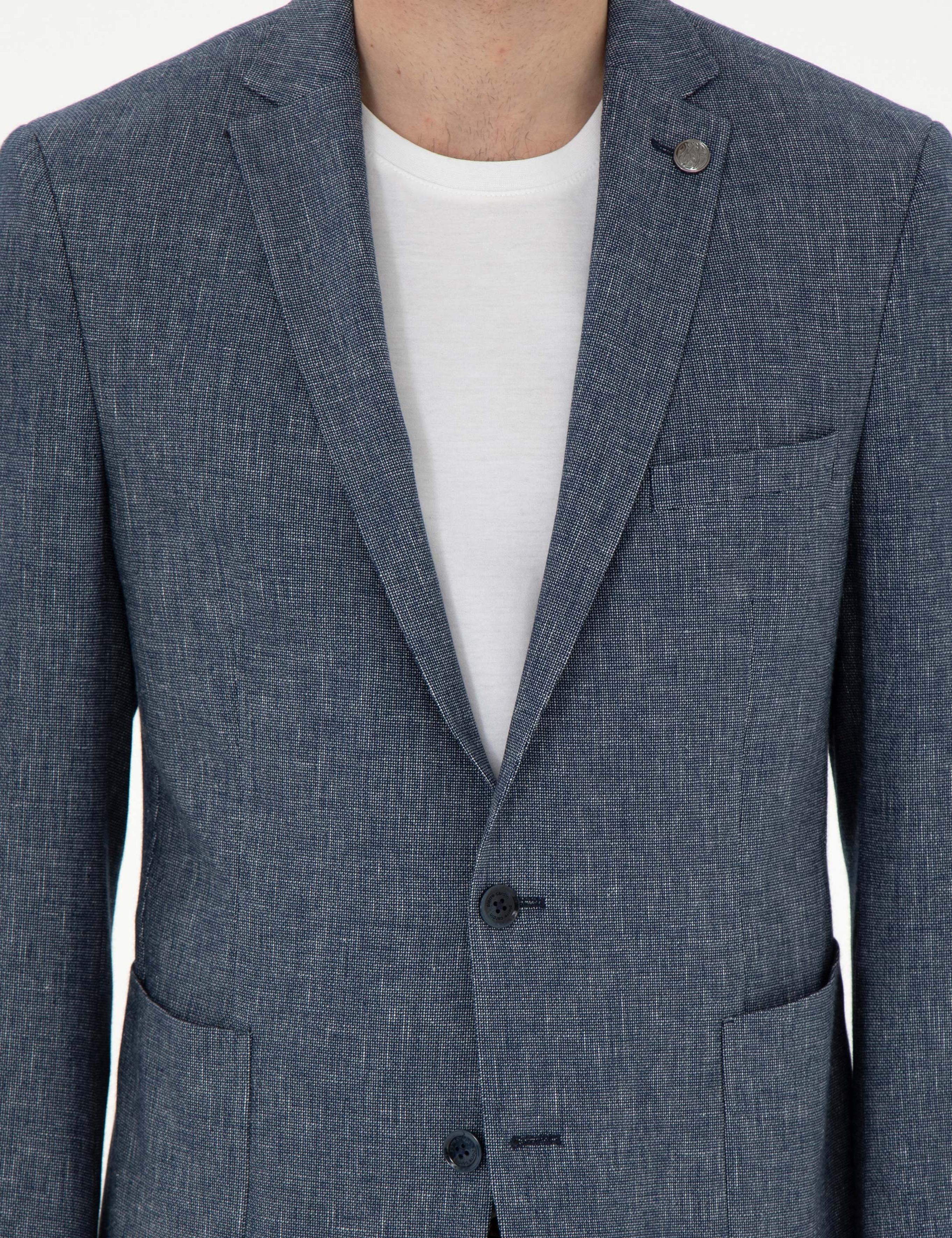 Lacivert Ex. Slim Fit Keten Karışımlı Ceket