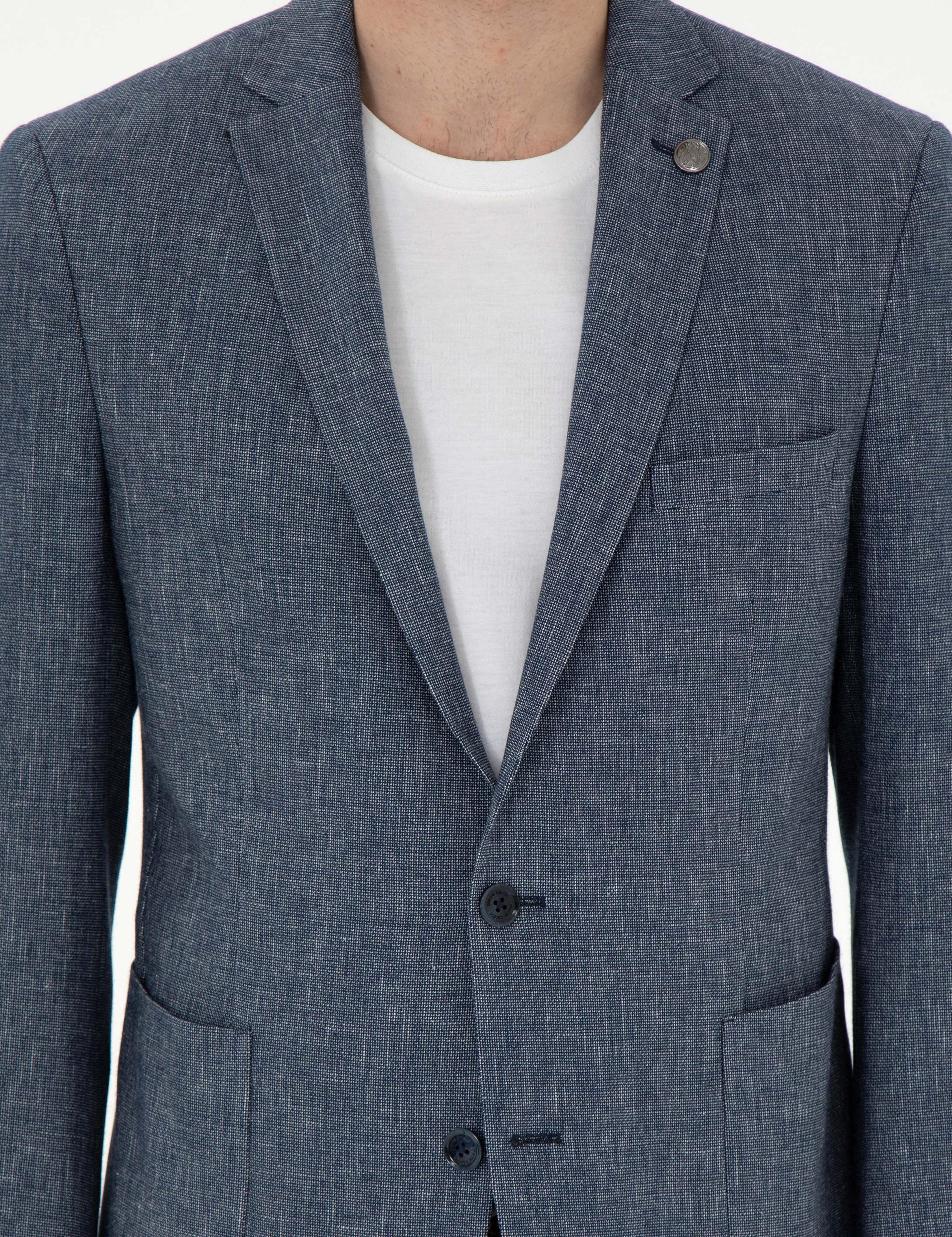 Lacivert Extra Slim Fit Keten Karışımlı Ceket