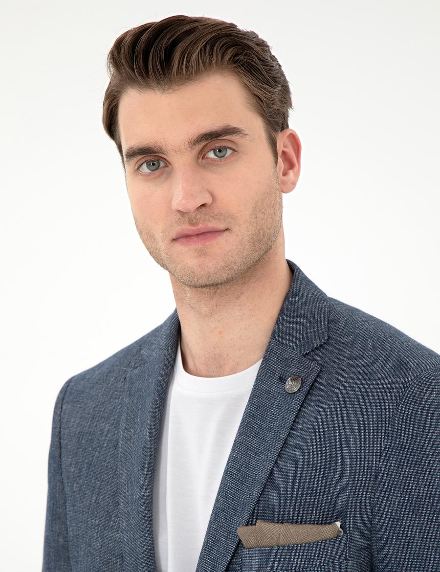 Lacivert Ex. Slim Fit Keten Karışımlı Ceket