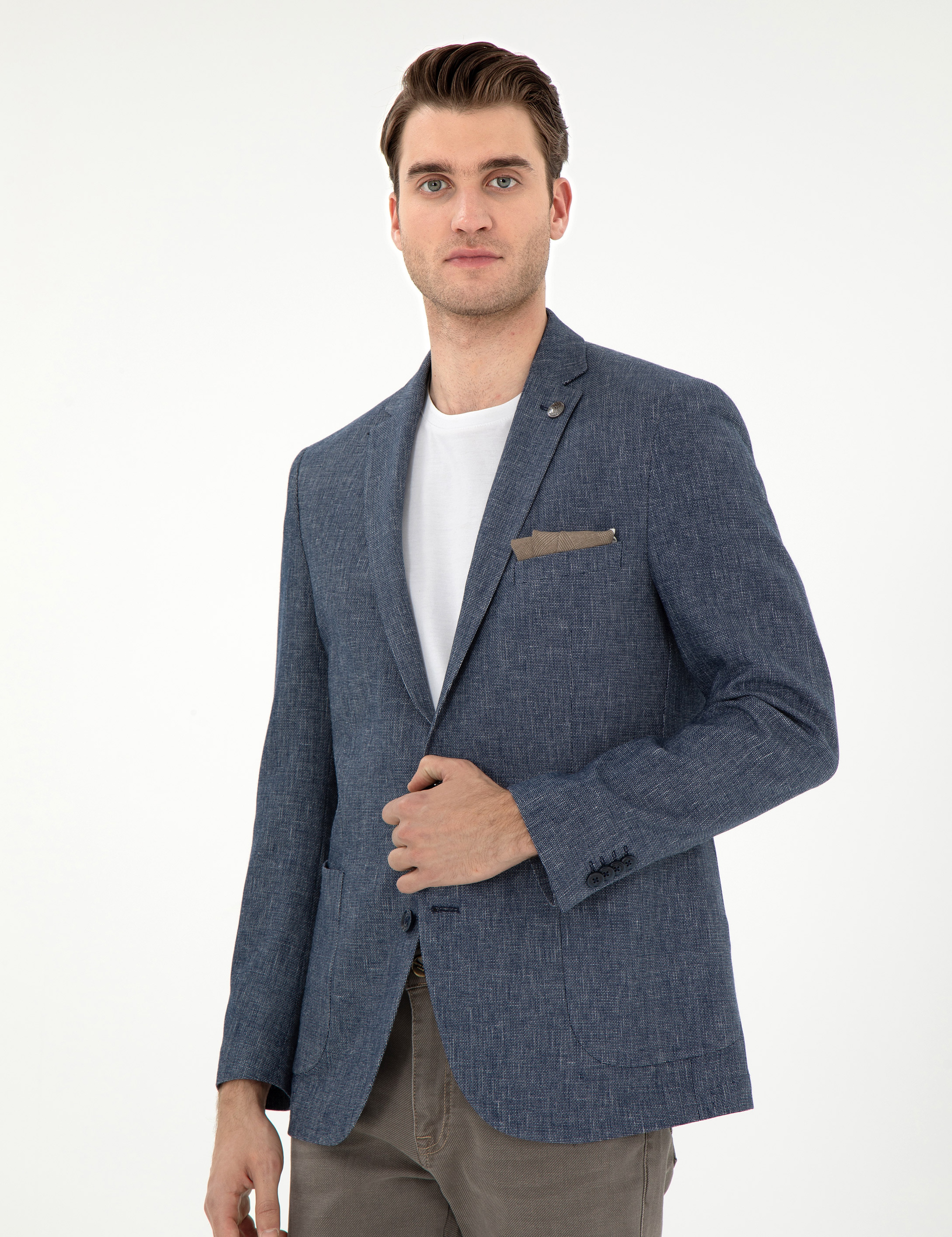 Lacivert Extra Slim Fit Keten Karışımlı Ceket - Image 3
