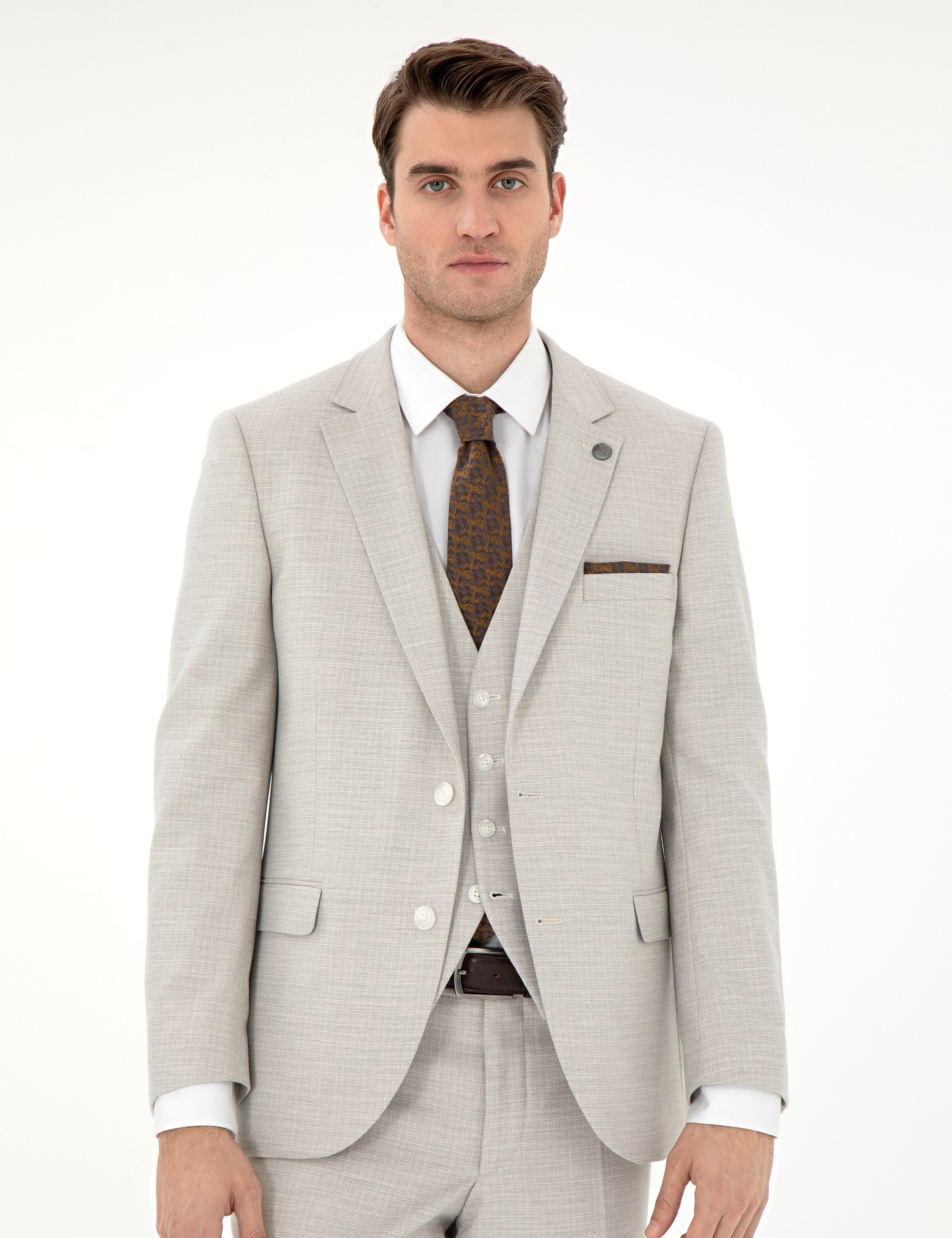 Bej Extra Slim Fit Yelekli Takım Elbise - Image 3