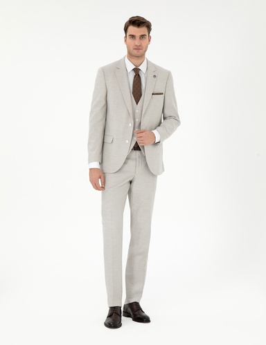 Bej Extra Slim Fit Yelekli Takım Elbise