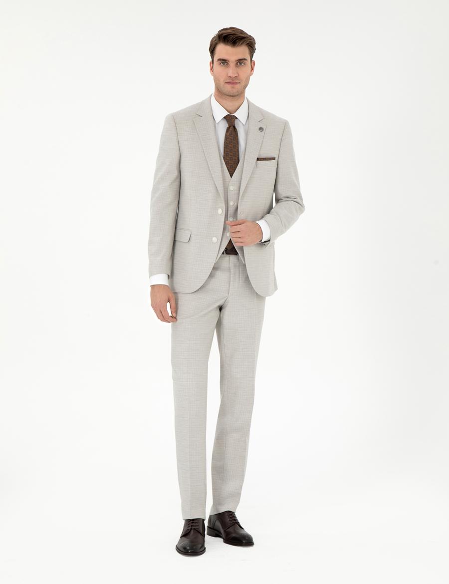 Bej Ex. Slim Fit Yelekli Takım Elbise