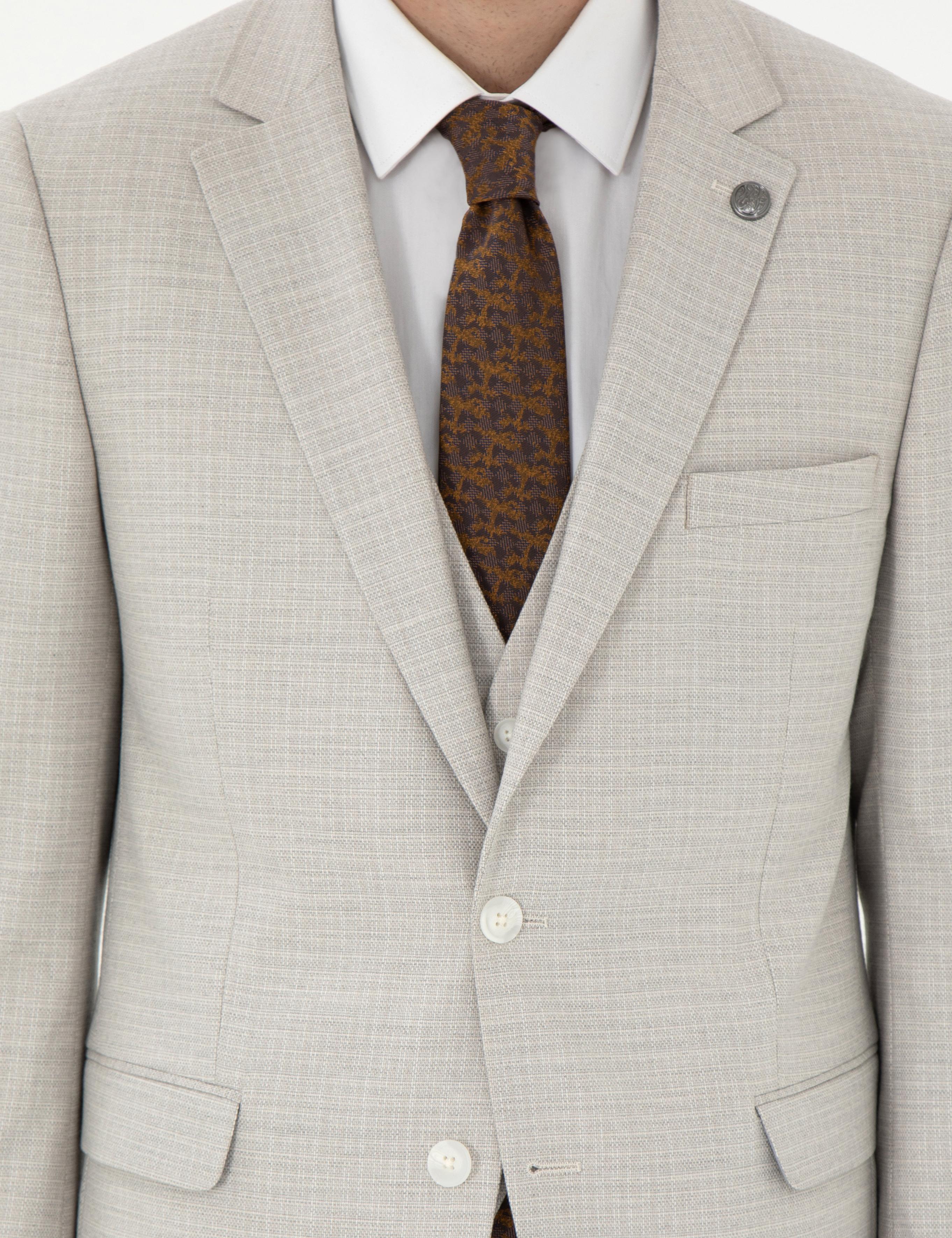 Bej Ex. Slim Fit Yelekli Takım Elbise