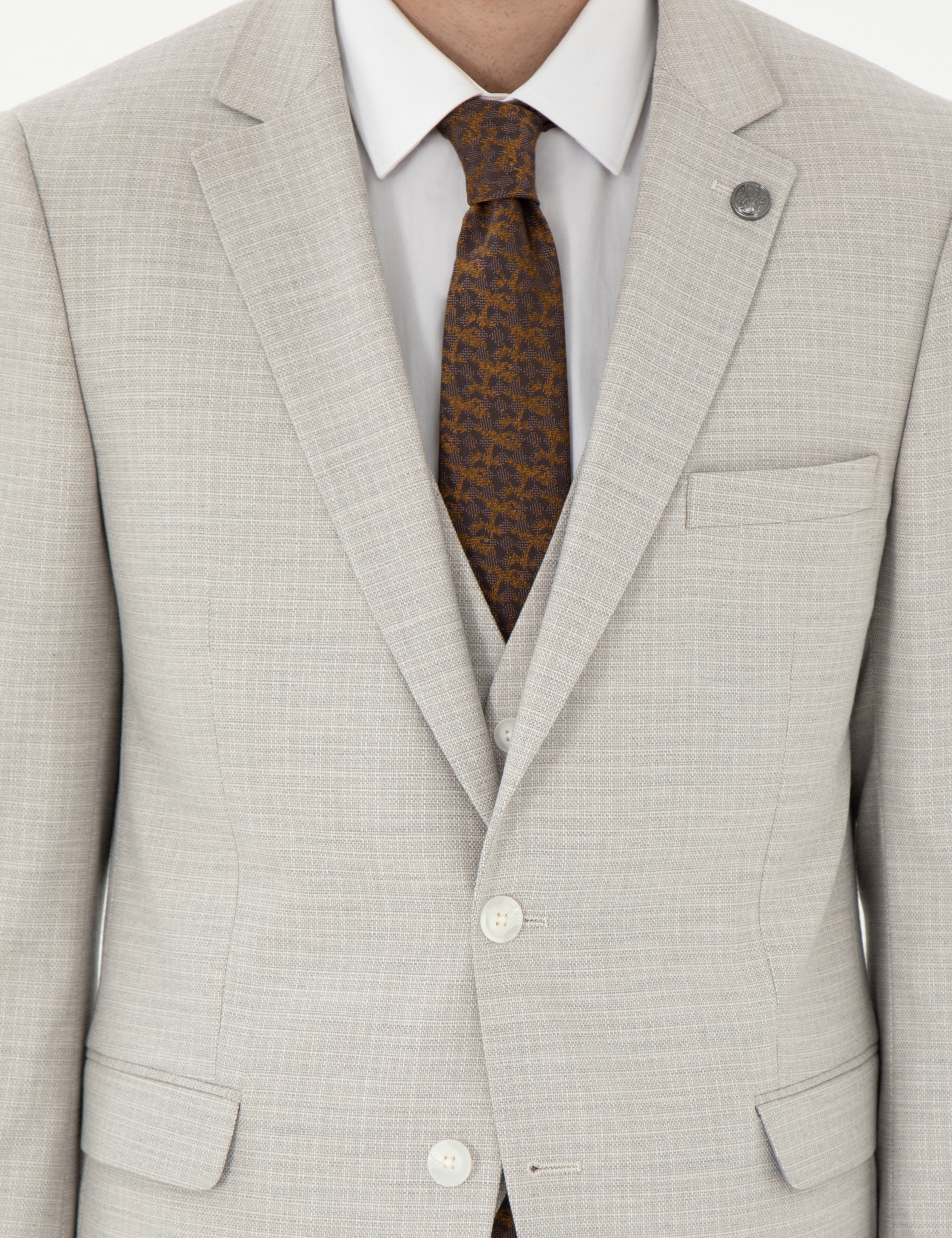 Bej Extra Slim Fit Yelekli Takım Elbise