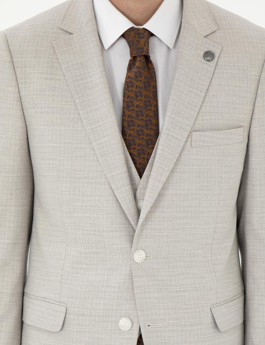 Bej Ex. Slim Fit Yelekli Takım Elbise