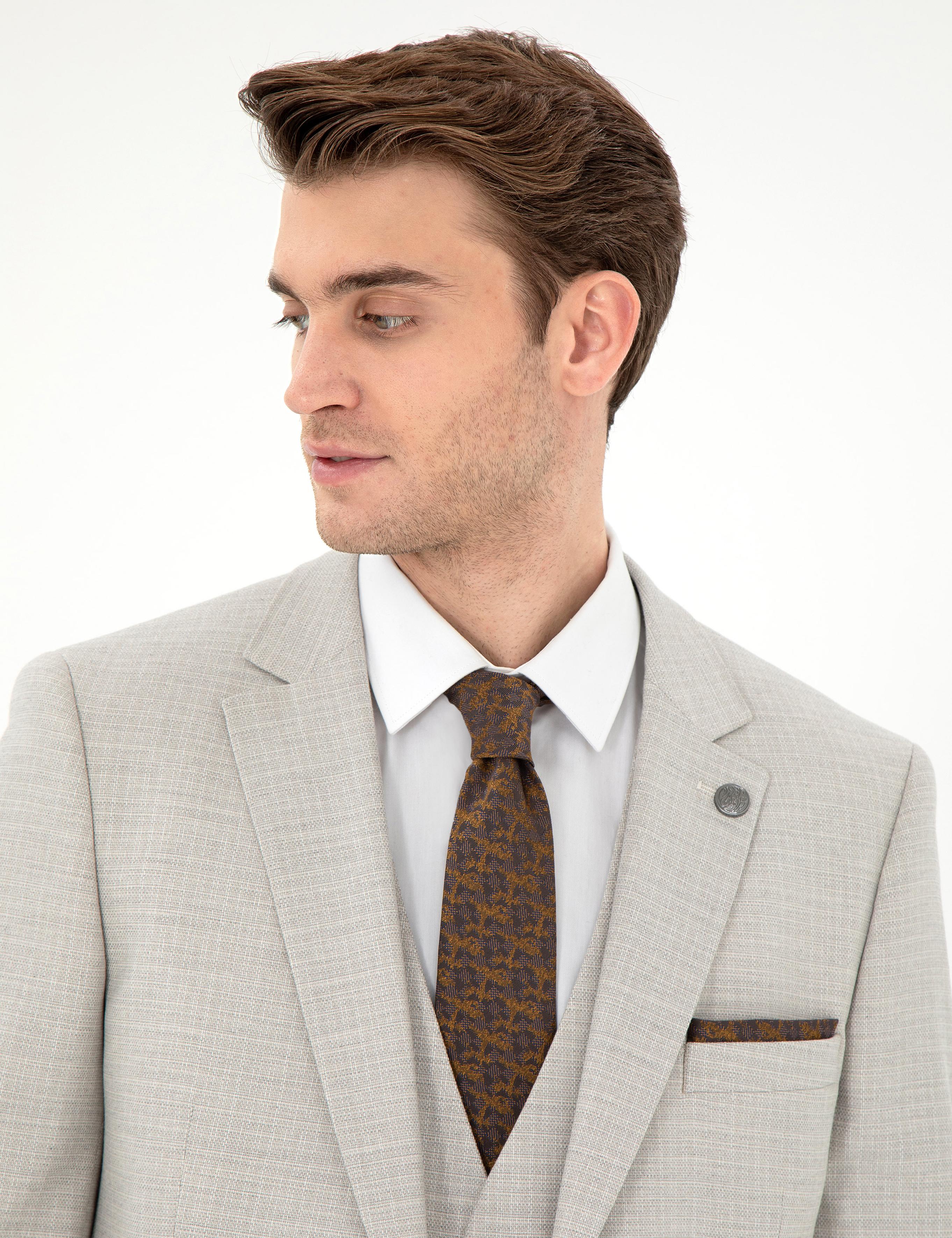 Bej Ex. Slim Fit Yelekli Takım Elbise